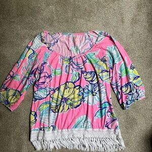 LILLY PULITZER Alia top “wept by the tides coastal preppy beachy lace fringe XL